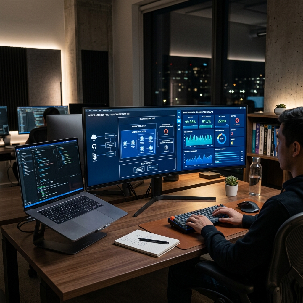 Engineers reviewing architecture, deployment, and production health