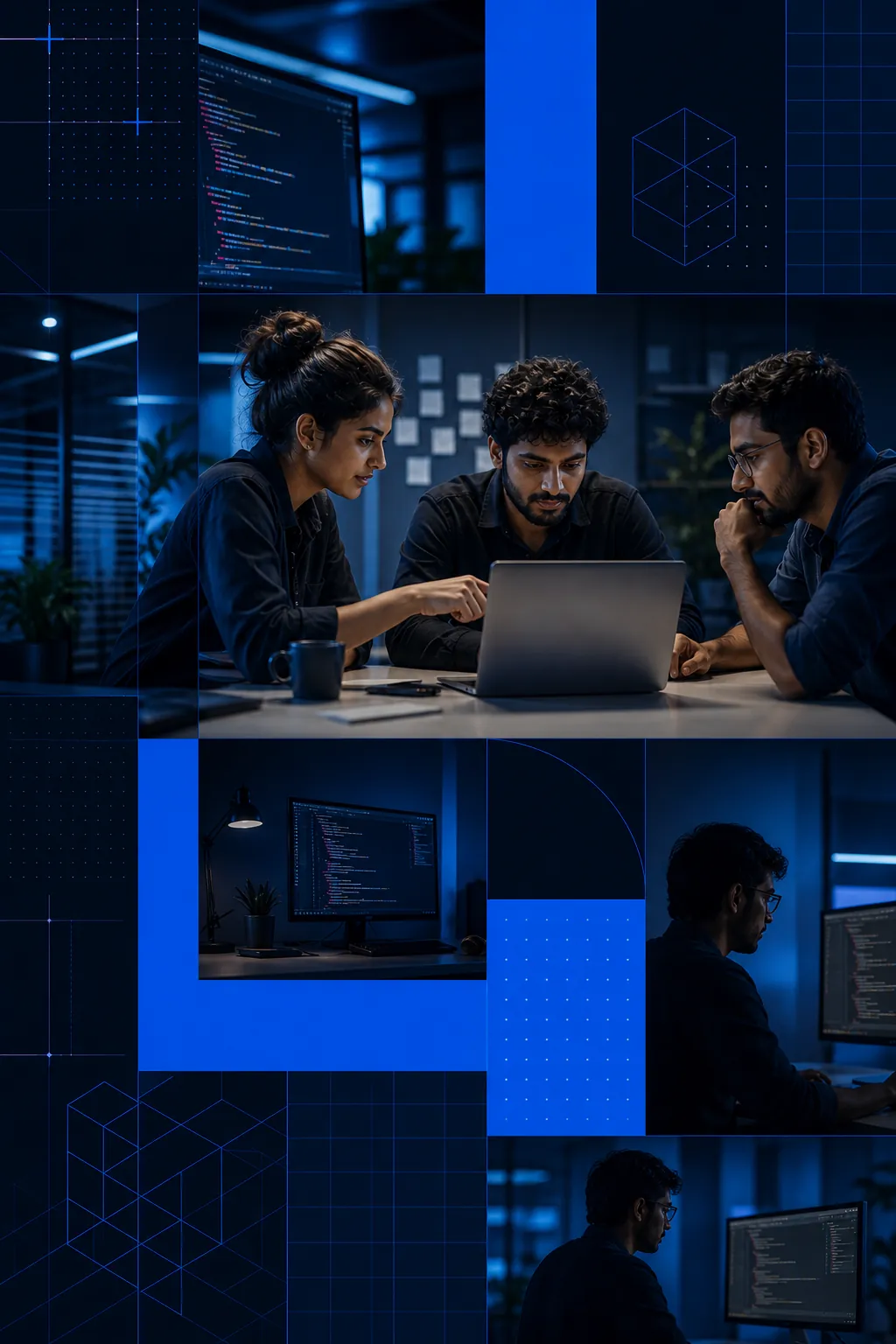 Software team collaborating within a blue technology collage
