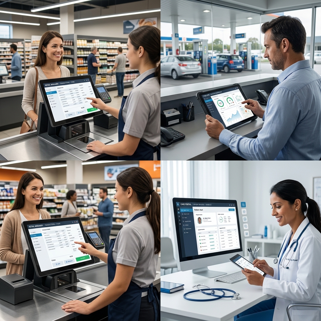 Multi-industry technology integration showing retail, fuel, and healthcare systems