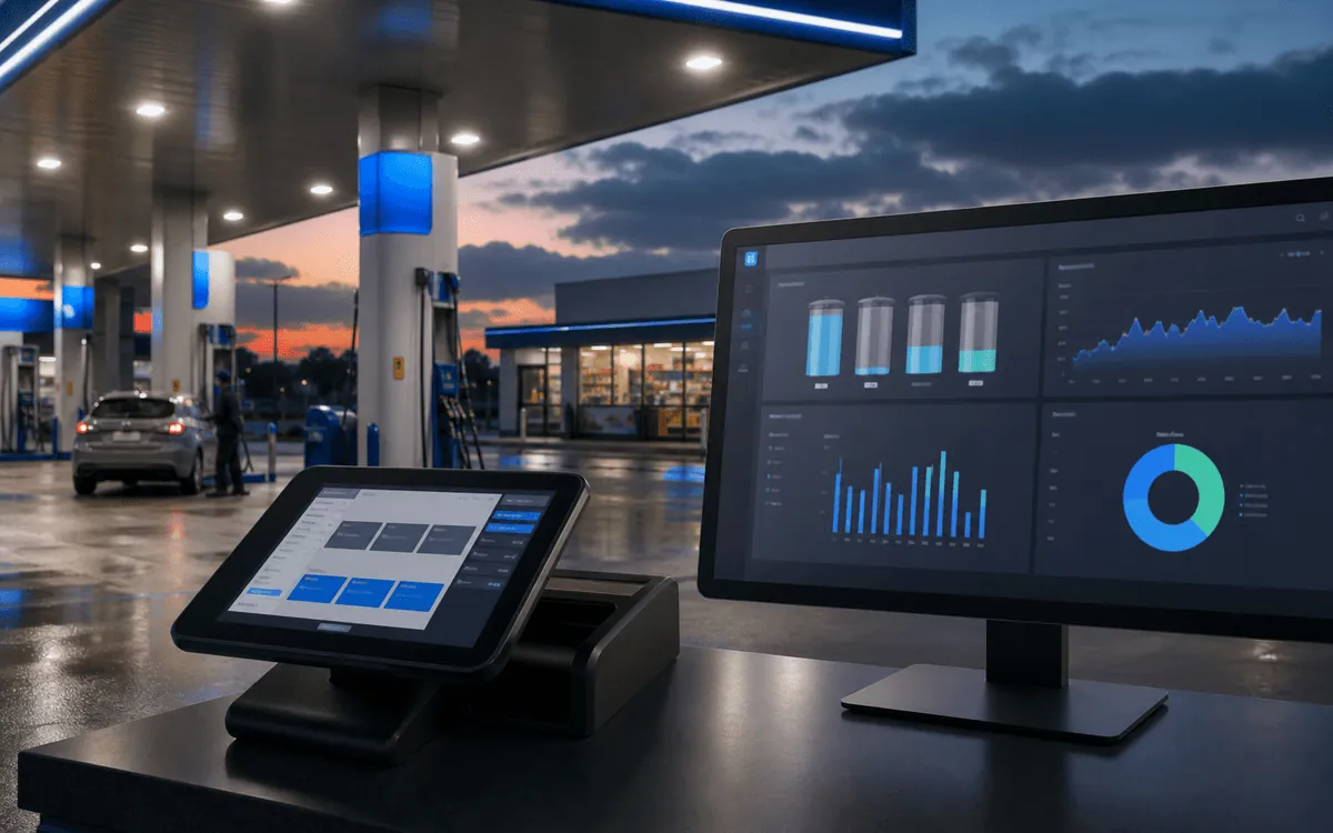 Fuel station operations with digital reporting and point-of-sale workflows