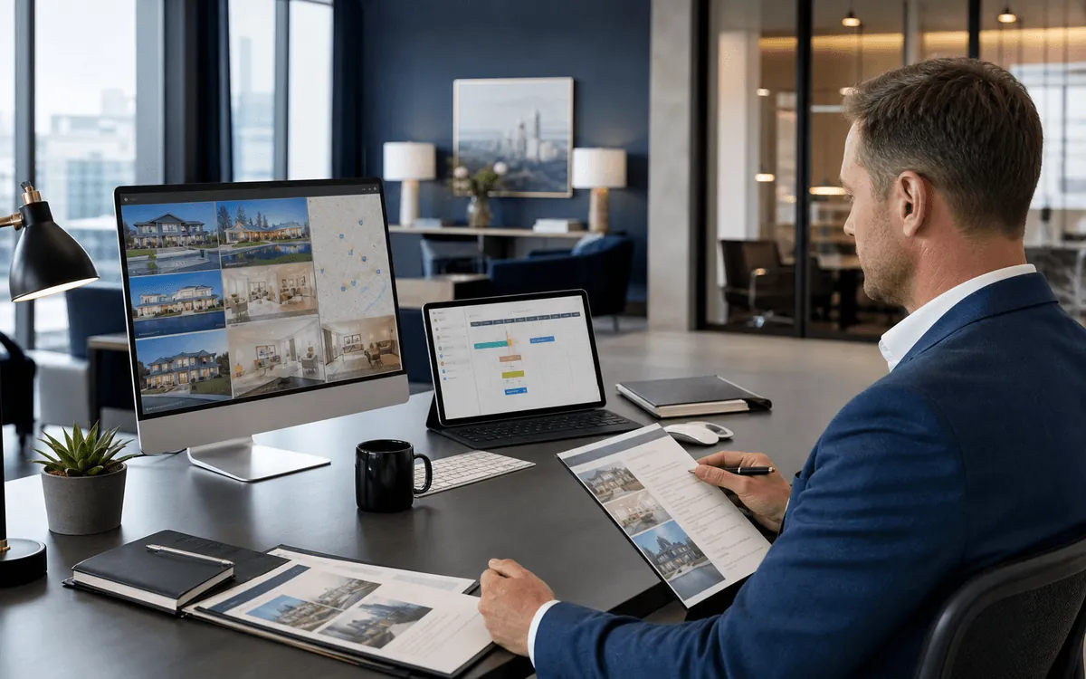 Real estate team managing property records and client follow-ups