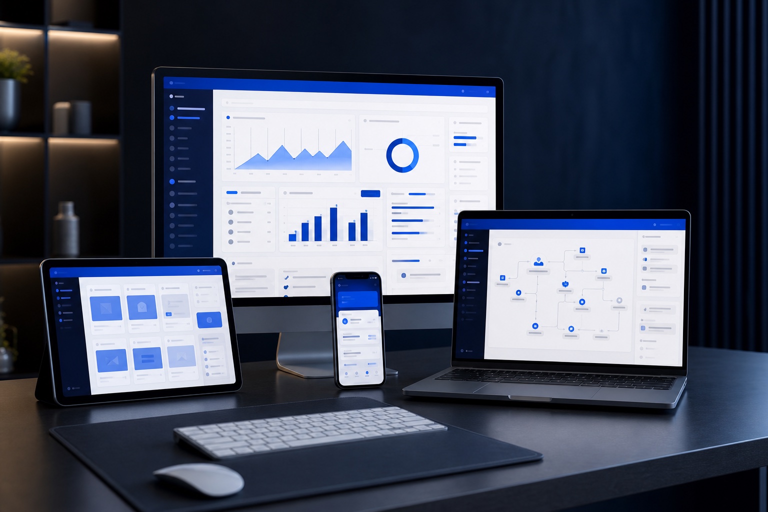 Connected enterprise software shown across desktop, laptop, tablet, and mobile devices
